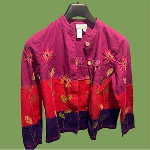Colorful Linen Button Down Lightweight Jacket with Stitched Florals